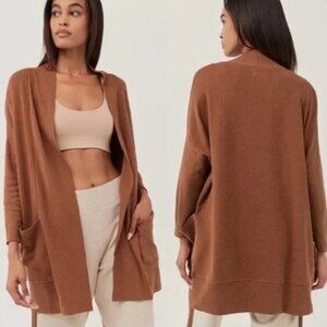 Pact Brooklyn Airplane Cardigan Sweater Organic Cotton Saddle Heather Brown S/M